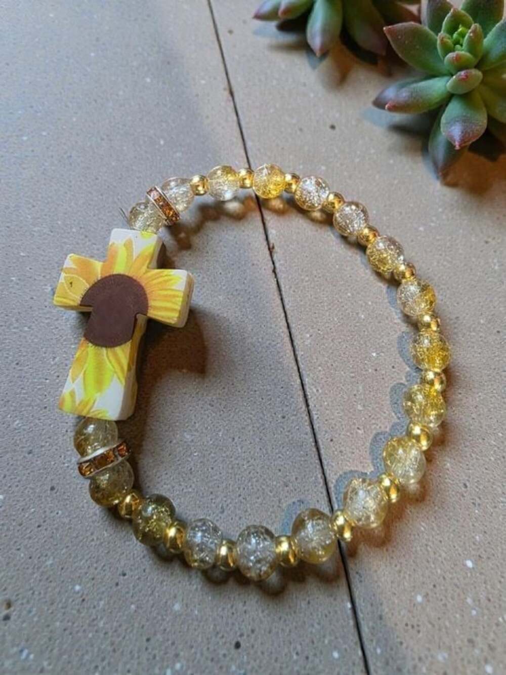 Handmade Sunflower Cross Beaded Stretch Bracelet Styleandstone